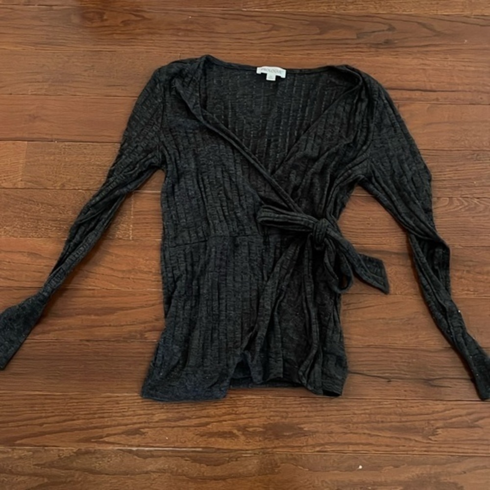 Women’s ribbed faux wrap top with side tie from Target dark grey